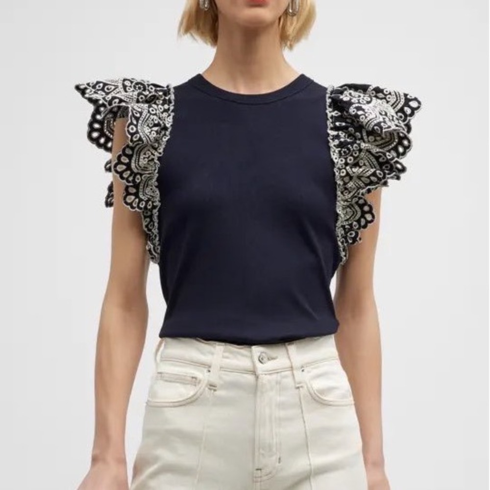Veronica Beard Navy Ribbed Knit Top White Eyelet Lace Flutter Sleeve Tank Small